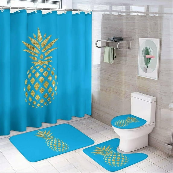 4Pcs Gold Pineapple on Light Pink Shower Curtain Sets, Bathroom Set Decor with Non-Slip Bath Mat, Toilet Lid Rug and Contour Mat, 72 x 72inch