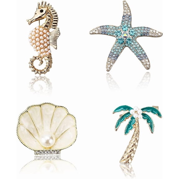 4Pcs Gold Rhinestone Pearl Brooch Sparkly Summer Sea Seahorse Starfish Shell Plant Pins Multi Style Ocean Theme Animals Brooches