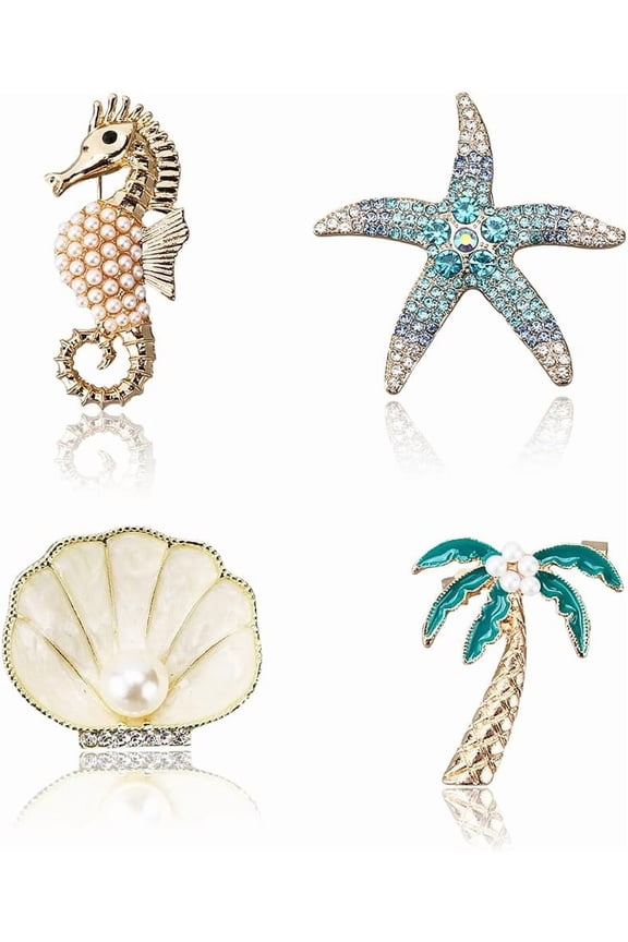 4Pcs Gold Rhinestone Pearl Brooch Sparkly Summer Sea Seahorse Starfish Shell Plant Pins Multi Style Ocean Theme Animals Brooches
