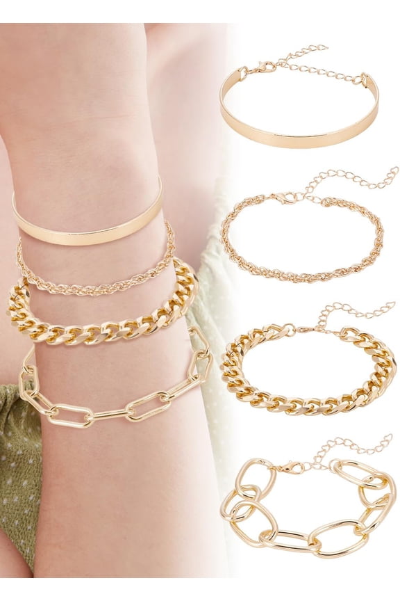 4Pcs Gold Stylish Multi-Layered Chain Bracelet Set Cuba Stackable Layered Metal Link Bracelet Set Chunky for Men and Women Creative Shiny Gift Parties and Daily Wear
