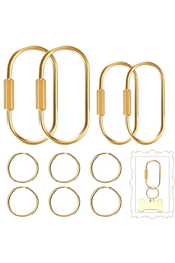 4Pcs Golden Brass Key Rings, Dog Leash Clasps Dog Tag Holders Brass Screw Lock Keychain Clip for Pet, Keys, Purse Bag Charms, Handbags, Golden Carabiner with 6 O-Rings