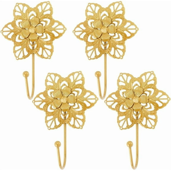 4Pcs Golden Flower Wall Decorative Hooks Boho Brass Hooks Coat Rack Gold Vintage Single Hook Heavy Duty Metal Mounted Retro