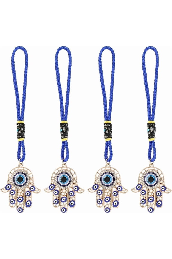 4Pcs Golden Hamsa Hand Amulet Car Pendant Miriam Evil Eye Hanging Ornament with Rope Decoration Lucky Charms Protection Alloy Enamel Accessories Gift