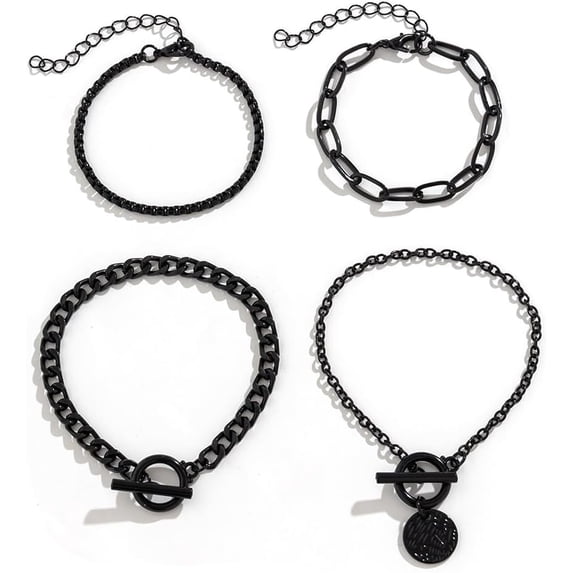 4Pcs Goth Black Stackable Bracelets Set for Women Gothic Statement Gold Coin OT Buckle Bracelet Vintage Paperclip Chain Y2k Party Hallowmas Jewelry Gifts