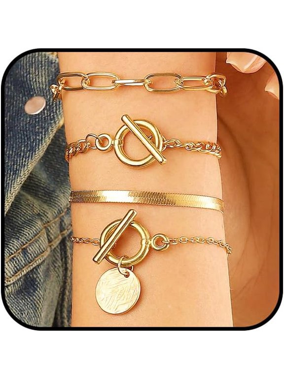 4Pcs Goth Black Stackable Bracelets Set for Women Gothic Statement Gold Coin OT Buckle Bracelet Vintage Paperclip Chain Y2k Party Hallowmas Jewelry Gifts