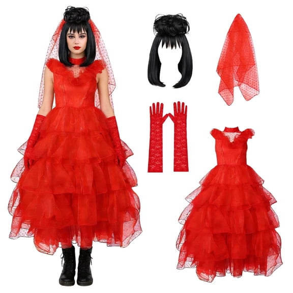 4Pcs Gothic Bride Costume Tulle Dress Wig Veil Gloves for Women Halloween