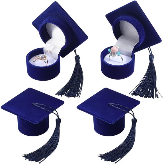 4Pcs Graduation Jewelry Storage Graduate Jewelry Box Bulk Blue Velvet Doctoral Caps Hat Shaped Ring Earrings Display Gifts
