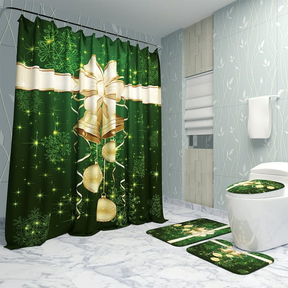4Pcs Green Christmas Bells Printing Bathroom Shower Curtain Set Toilet Cover Mat Bathroom Non-Slip Mat Rug Kit Home Hotel Bath Accessories