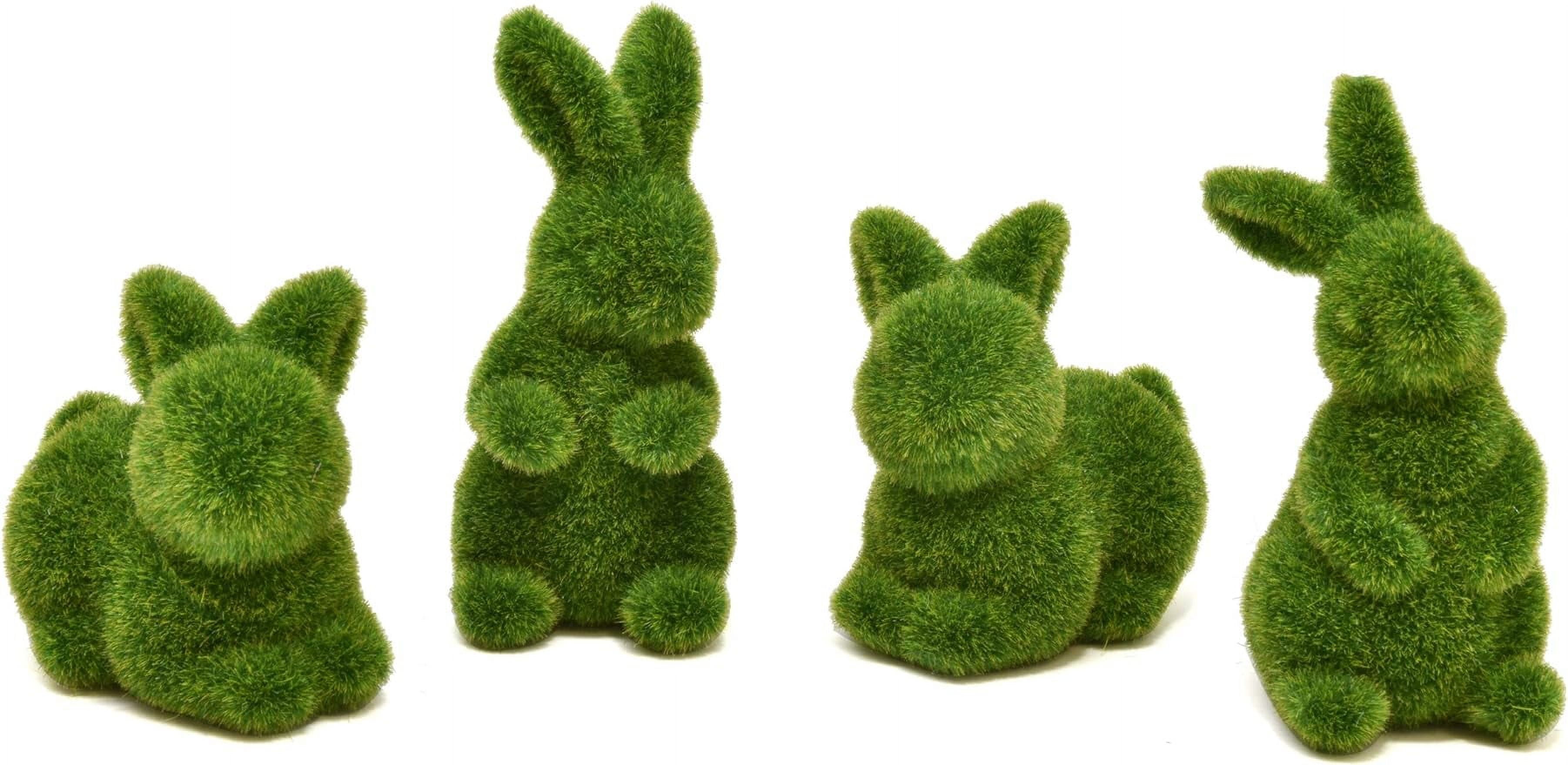 4Pcs Green Fuzzy Flocked Bunny Easter Holiday Spring Decor Rabbit Figurines Garden Artificial Animal Moss for Indoor Table Home, Kitchen, Shelf Decorations Furry Covered Rabbits