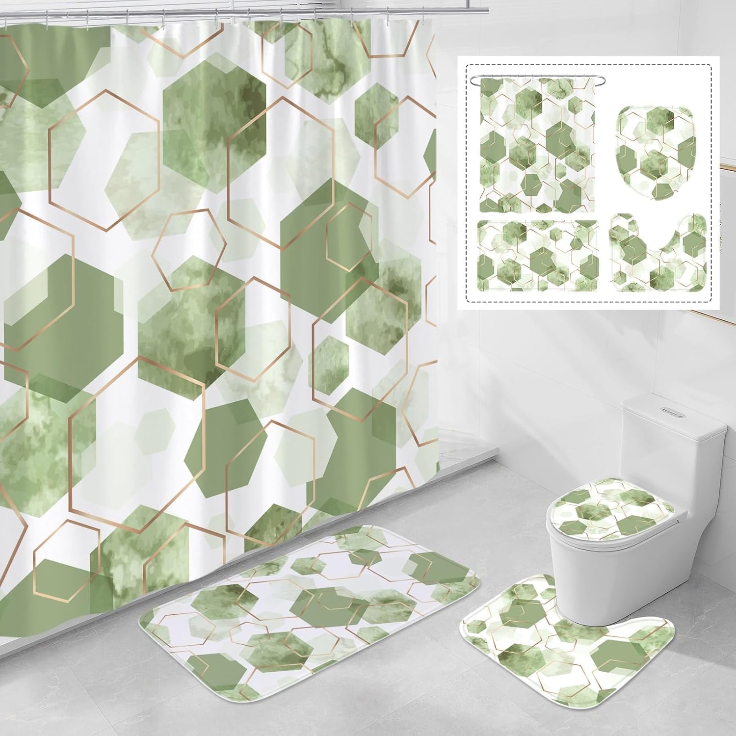 4Pcs Green Geometric Shower Curtain Set with Rug, 12 Hooks, Bath Mat and Rugs
