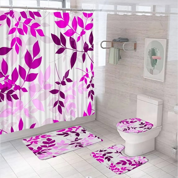 4Pcs Green Tree Leaves Shower Curtain Sets Country Plant Fabric Bathroom Decor Screen Non-Slip Bath Mat Toilet Cover Rug Carpet