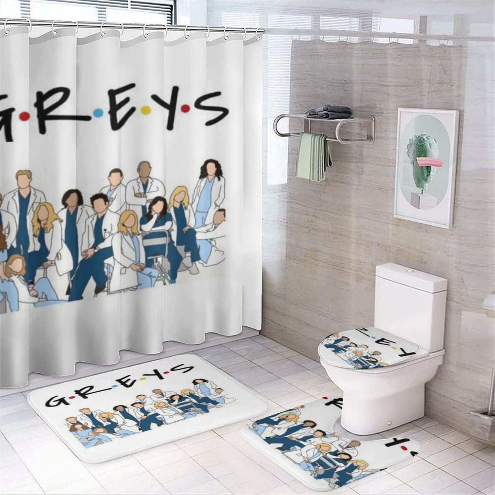4Pcs Greys Anatomy Shower Curtain Sets for Bathroom Cartoon Shower