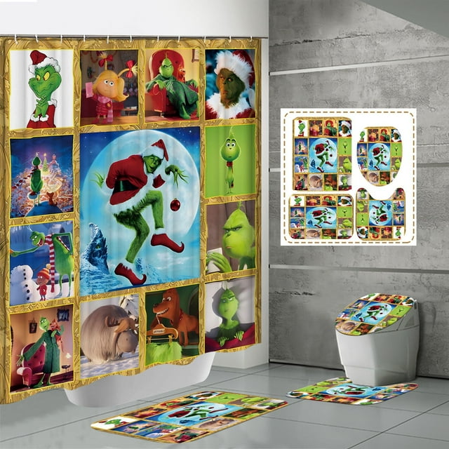 4Pcs Grinch Shower Curtain Sets,71inch Christmas Shower Curtains,Long