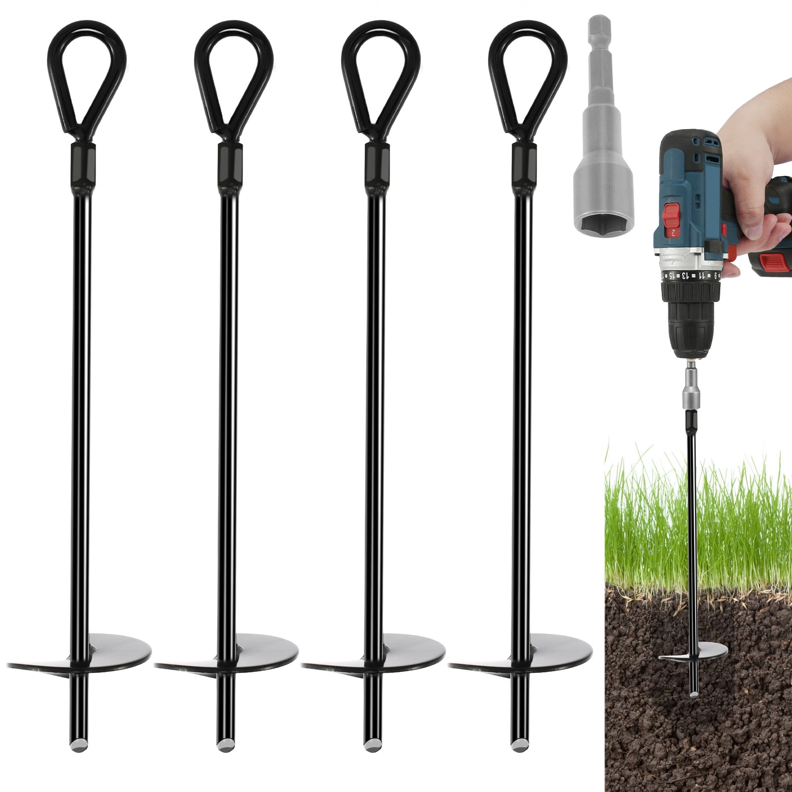 4Pcs Ground Anchors 18inch Spiral Earth Anchors Kit Heavy Duty Metal Ground Anchor with