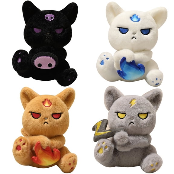4Pcs Grumpy Element Kitty Plush Set, Fire Ice Skull Lightning Cat Stuffed Animals, Soft Fluffy Collectible Kitten Plushies for Fans Gift & Display