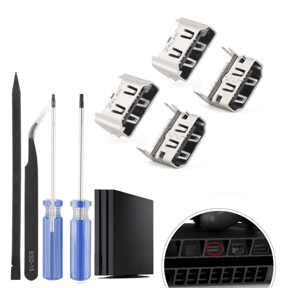 4Pcs HDMI Port Replacement for PS4 with Rpair Tools, HDMI Port Socket Interface Connector Replacement Part Repair Kit for PS4