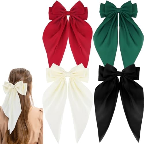 4Pcs Hair Bow Silky Satin Hair Clips for Women Girls Hair Ribbon Bow Hair Clips Long Tail Cute Oversized Hair Bows Clips Soft Large Big Hair Barrettes Hair Accessories (Black Beige Red Green)