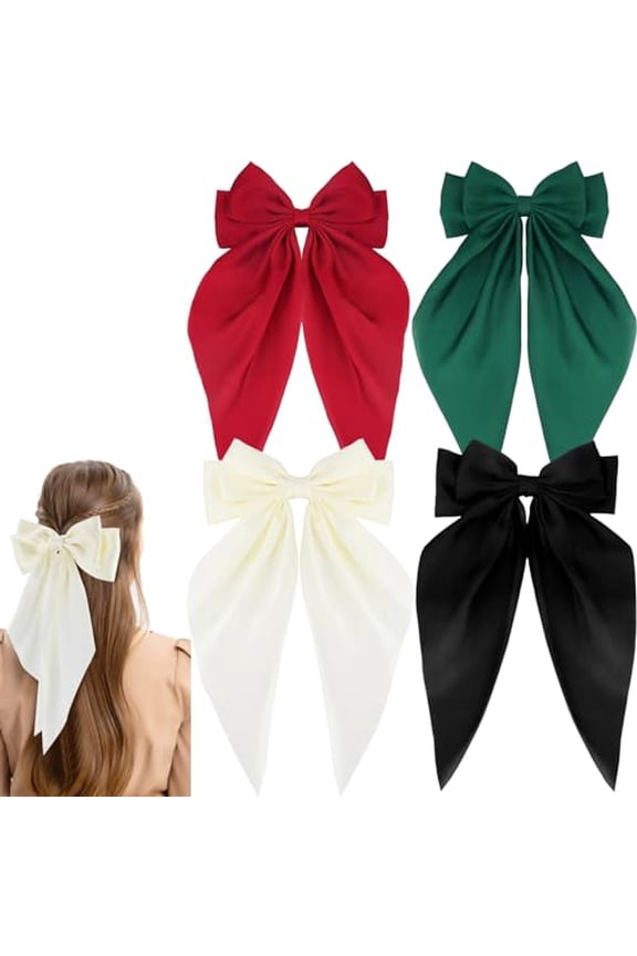 4Pcs Hair Bow Silky Satin Hair Clips for Women Girls Hair Ribbon Bow Hair Clips Long Tail Cute Oversized Hair Bows Clips Soft Large Big Hair Barrettes Hair Accessories (Black Beige Red Green)