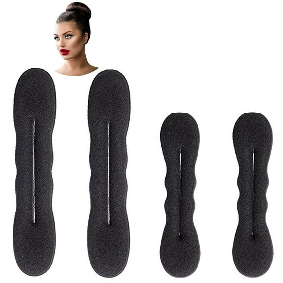 4Pcs Hair Bun Maker, Foam Sponge Buns with Hair Ties Accessories, Clip Bun Hair Twist Braid Tool for Updo’s, Ballet Buns, French Twist, Waves, Black(2 Small, 2 Large)
