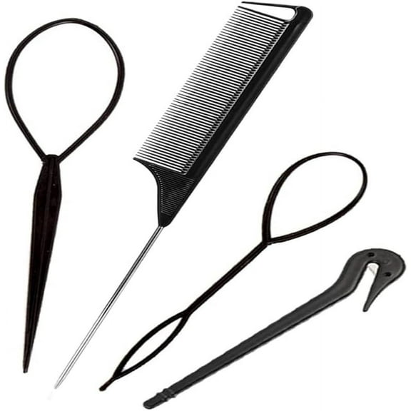 4Pcs Hair Styling Tools, Hair Tools, 2pcs French Braiding Tool, Hair Loop Styling Tool 1pc Elastic Hair Bands Cutter, 1pc Rat Tail Comb for Children Girls. Black