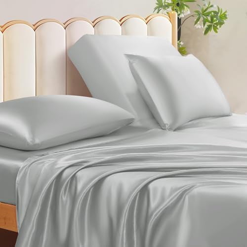 4Pcs Half Split Head Flex California King Sheets Sets for Adjustable Bed, Satin Split Cal King Bed Sheets Silky Grey Satin Sheets Top Flex Sheet - Cooling Sheet with 14-16" Deep Pockets$$