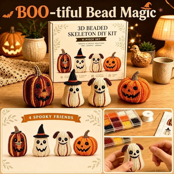 4Pcs Halloween 3D Beaded Figurine DIY Craft Kit, Pumpkin & Ghost Beading Set, Handmade Desktop Ornament Supplies for Fall Holiday Party Decor & Parent-Child Activity