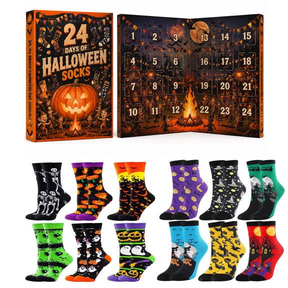 4Pcs Halloween Countdown Box, Halloween Socks Advent Calendar 24pc Holiday Countdown Blind Box Assorted Crew Ankle Patterned Socks for Adults Casual Dress Festive Holiday Accessory Gift Pack, C