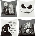 thumbnail image 1 of 4Pcs Halloween Jack and Sally Christmas Pillow Covers 18x18 Inch Horror Cartoon Skull Throw Pillow Case Decorations Linen Decorative Square Cushion Covers for Home Sofa Couch Bed, 1 of 7