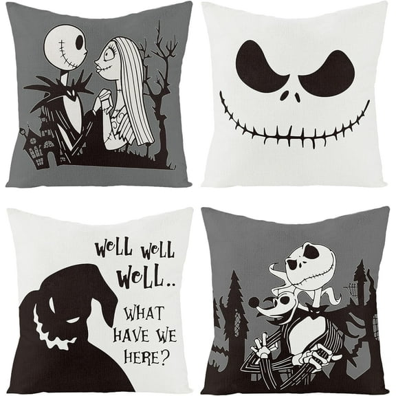 4Pcs Halloween Jack and Sally Christmas Pillow Covers 18x18 Inch Horror Cartoon Skull Throw Pillow Case Decorations Linen Decorative Square Cushion Covers for Home Sofa Couch Bed