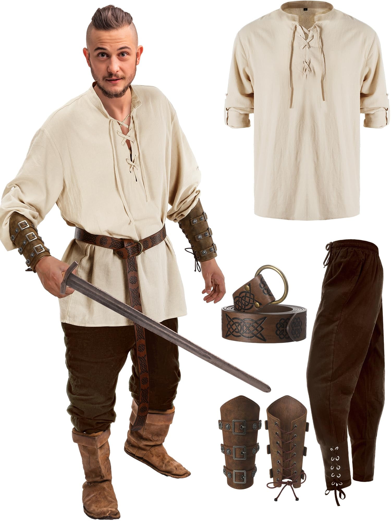 4Pcs Halloween Men's Renaissance Costume Set Medieval Pirate Shirt ...