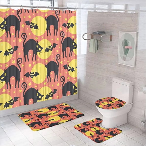 4Pcs Halloween Pumpkin Castle Shower Curtain Set With Non-Slip Rug Toilet Lid Cover Bath Mat Moon Night Bat Candy Bathroom Decor