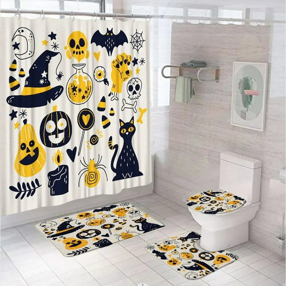 4Pcs Halloween Pumpkin Castle Shower Curtain Set With Non-Slip Rug Toilet Lid Cover Bath Mat Moon Night Bat Candy Bathroom Decor