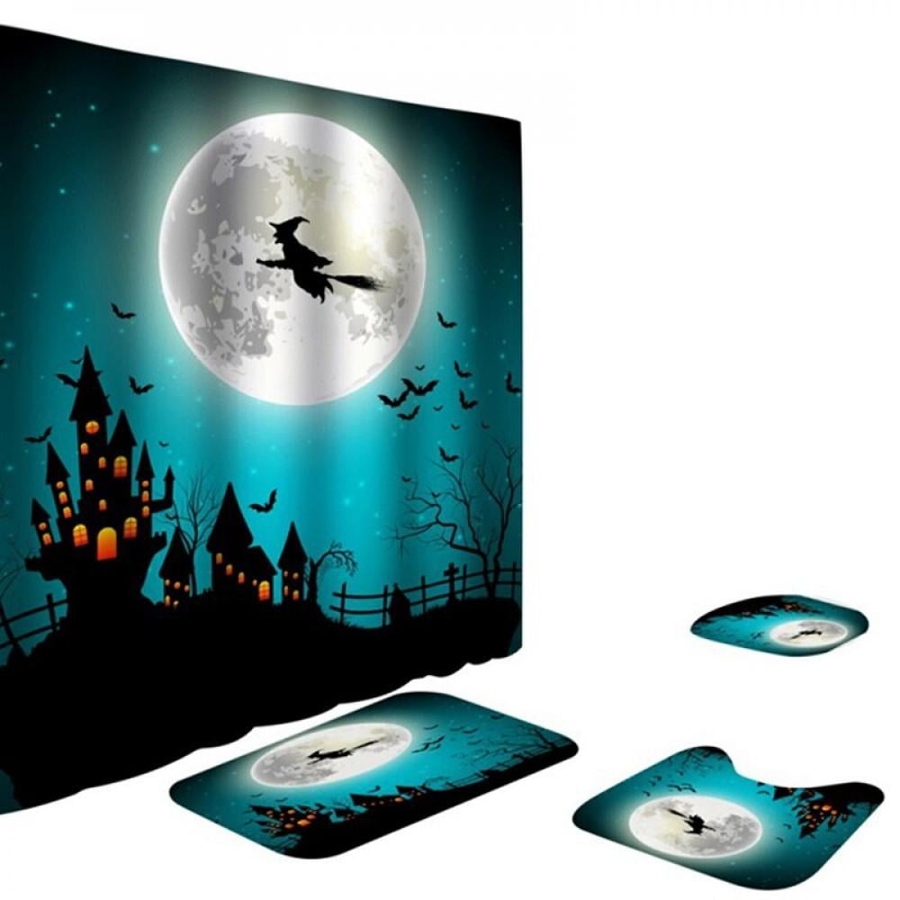 4Pcs Halloween Shower Curtain Set with NonSlip Rugs, Toilet Lid Cover