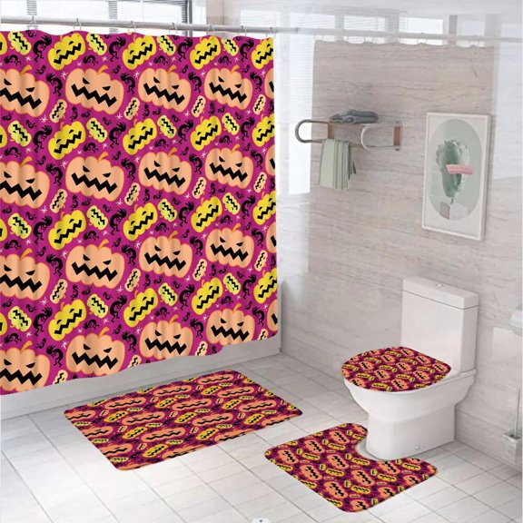 4Pcs Halloween Shower Curtains Set Cartoon Pumpkin Autumn Leaves Bathroom Decor Screen Bath Mat Rug Carpet Toilet Lid Cover Home