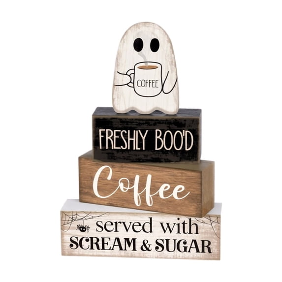 4Pcs Halloween Stacked Ghost Coffee Bar Wooden Signs Spooky Tabletop Accents for Farmhouse Tiered Tray Decor