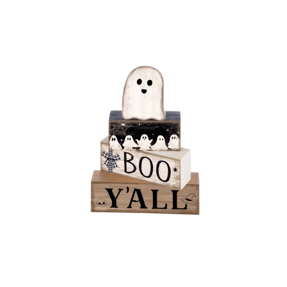 4Pcs Halloween Stacked Ghost Coffee Bar Wooden Signs Spooky Tabletop Accents for Farmhouse Tiered Tray Decor