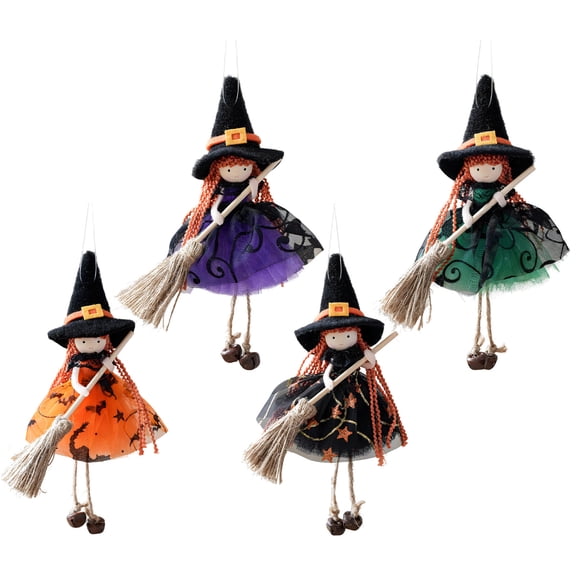 4Pcs Halloween Witch Dolls, Witch Decor with Broom, Halloween Tree Topper Hanging Decorations, Plush Ornament for Desktop Fireplace Table Decor Party