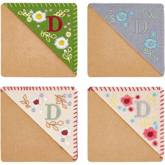 4Pcs Hand Embroidered Corner Bookmark Handmade Letter D Bookmark Felt Triangle Page Stitched Bookmark Cute Flower Letter Embroidery Bookmarks for Women Men Book Lovers Readers Teachers