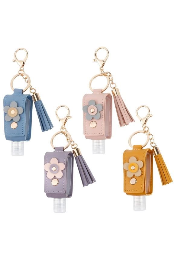4Pcs Hand Sanitizer Keychain, Portable Leather Empty Bottles, 30ml Squeeze Bottle Refillable Containers
