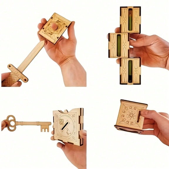 4Pcs Handcrafted Wooden Magic Puzzle Set, 3D Wooden Puzzles for Adults, Yellow Wood Art Illusions, DIY Magic Tricks Kit, Unique Birthday Gifts for Adults