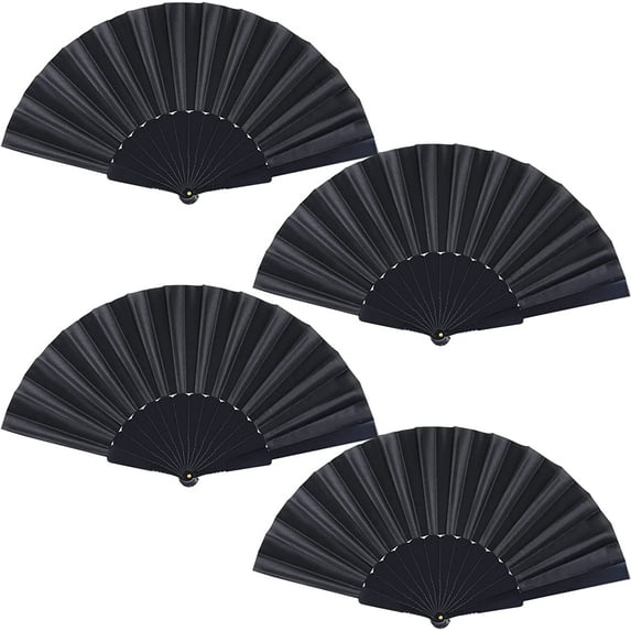 4Pcs Handheld Folding Fans, Chinese Fan, Oriental Cloth, Fabric Fan for Dance, Party, Wedding Gifts, DIY Decoration, Home Decorations-Black