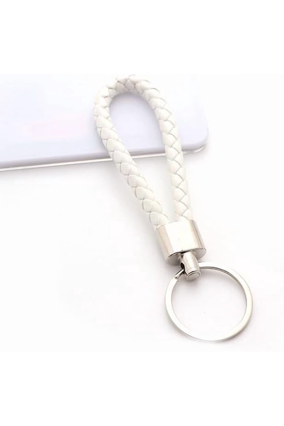 4Pcs Handwoven Imitation Leather Keychain with Metal Car Key Ring Chain Accessories Gift for Men and Women White 4.8x1.18 Inch Making DIY
