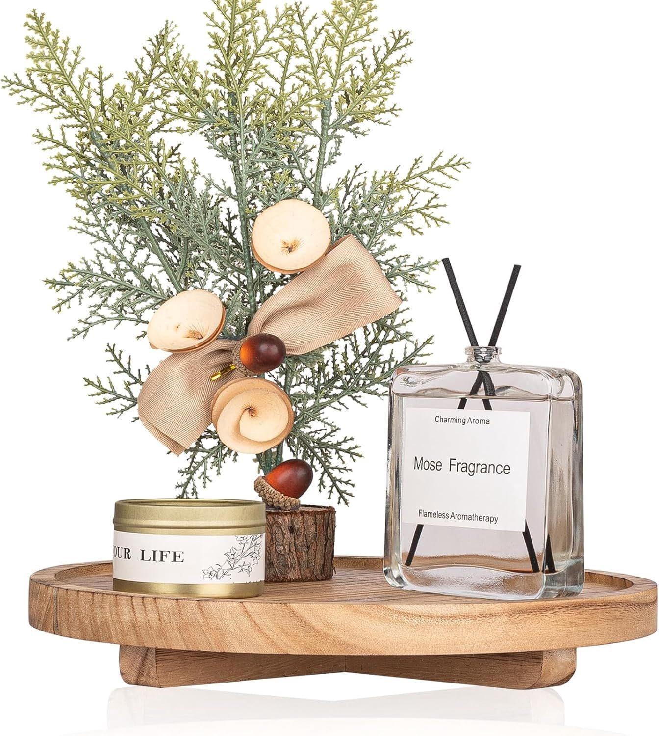 10IN Wooden Round Tray Rustic Farmhouse Decor for Candles Centerpiece Bathroom Kitchen Gift