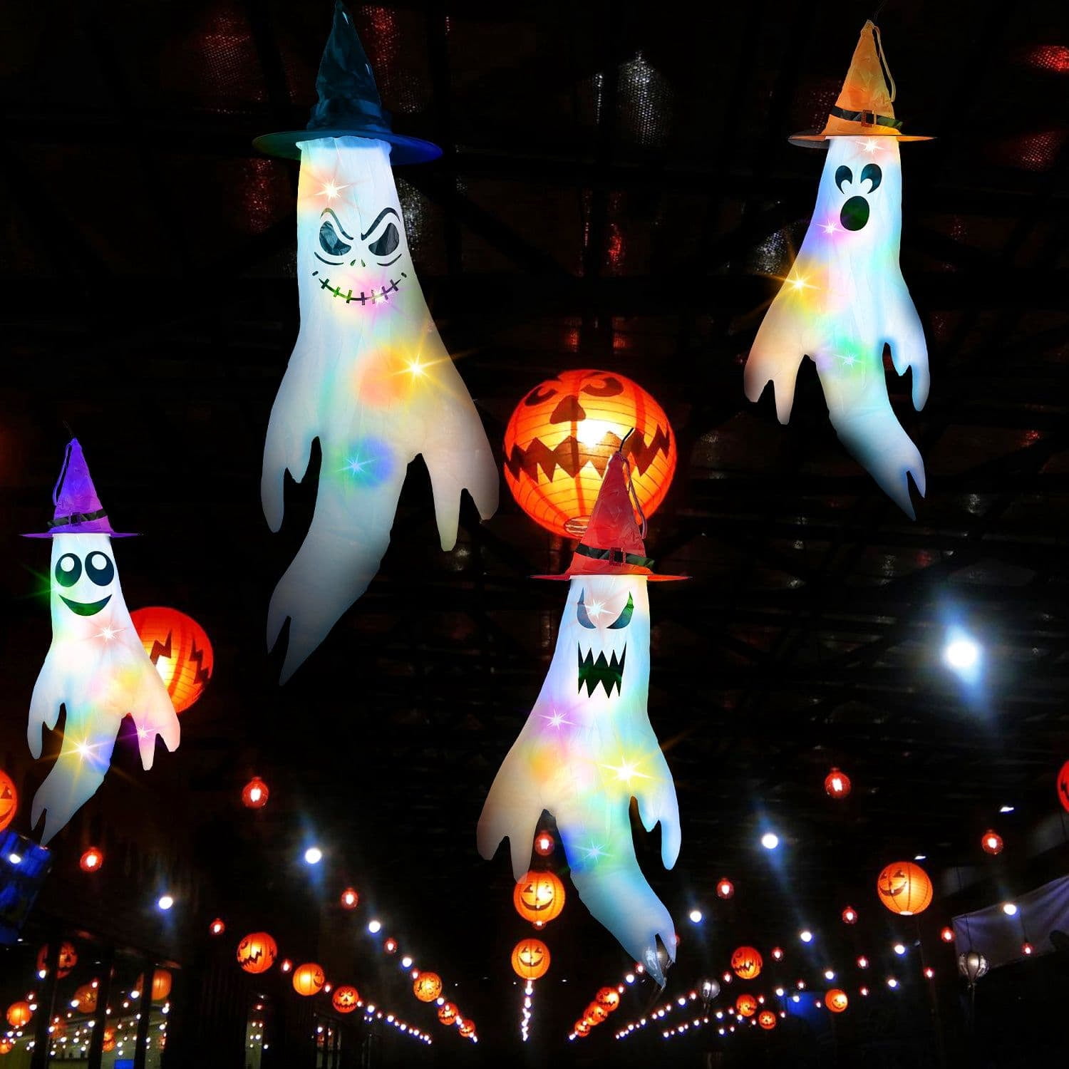 4Pcs Hanging Ghost Windsocks with Witch Hats LED String Lights Halloween Outdoor Decor