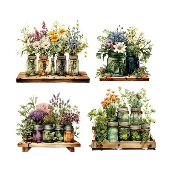 4Pcs Hanging Plant Wall Stickers Colorful Flower In Pots Decal Wall Art Stickers