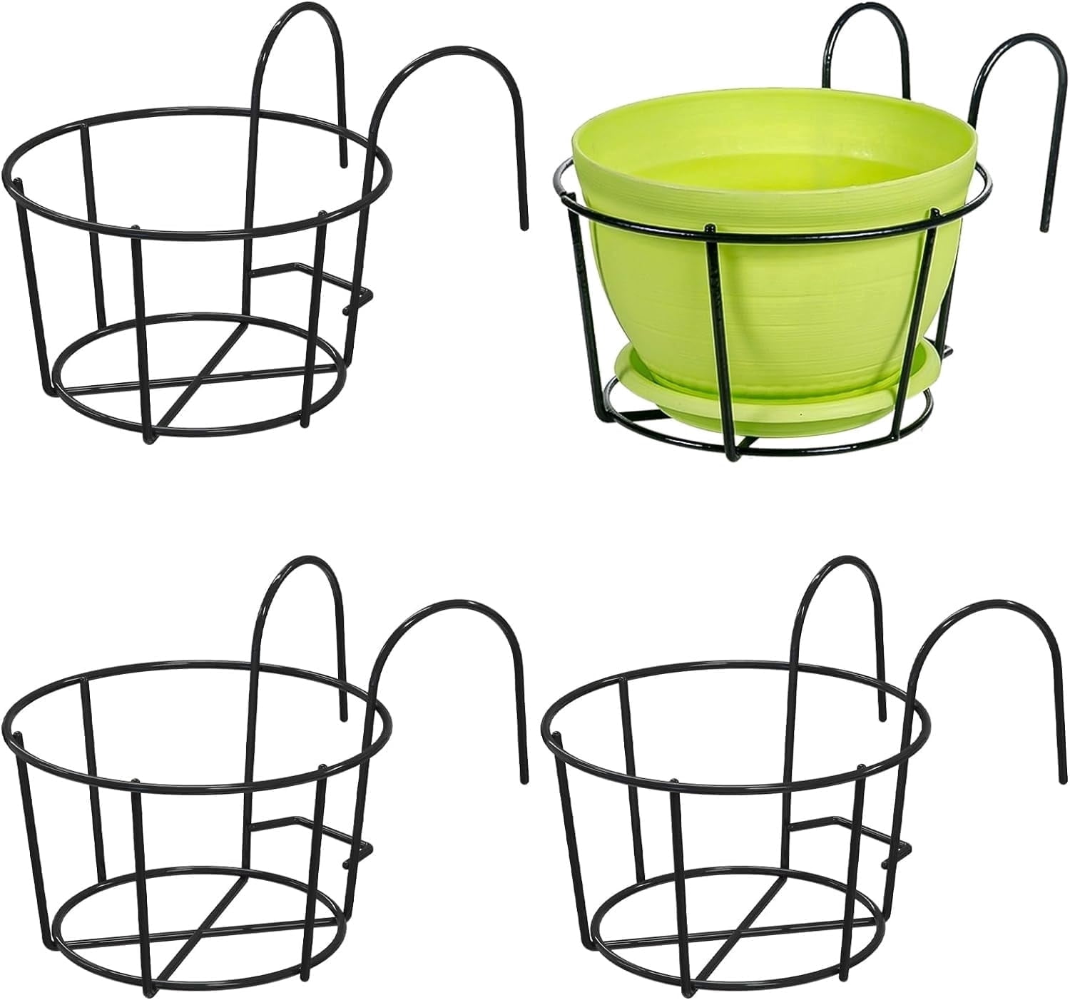 4Pcs Hanging Railing Planter,Over the Rail Flower Pot Holder Hanger, Balcony Planters Railing Hanging, Round Plant Baskets Metal Potted Stand Mounted Deck Porch Patio for Indoor Outdoor, Black