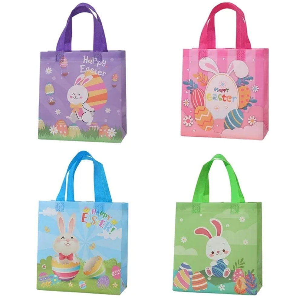 4Pcs Happy Easter Egg Hunt Bags Easter Bunny Chick Egg Gift Bags with Handles, Easter Treat Bags, Multifunctional Non-Woven Easter Bags for Gifts Wrapping(8.66"X4.33"X9.06")