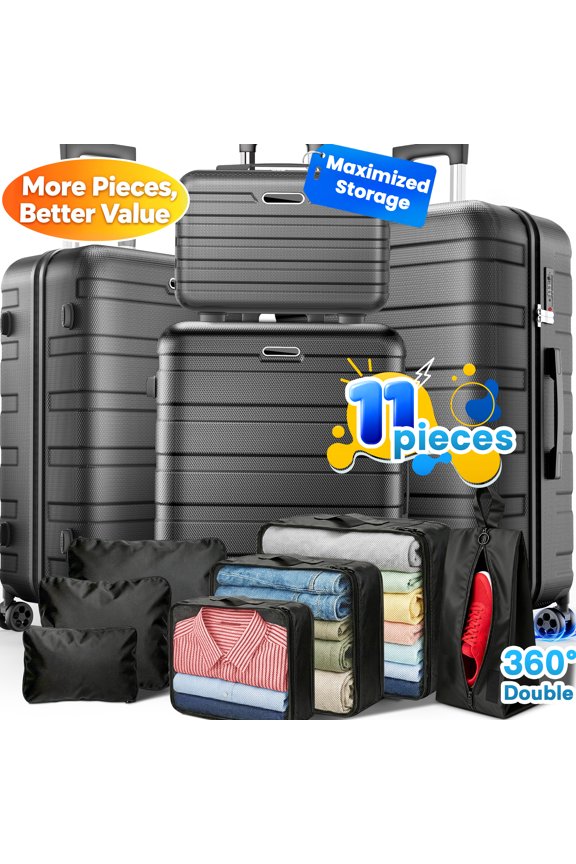 11Pcs Hardshell Luggage Set, Lightweight Suitcases w/ Spinner Wheels, Carry on Luggage, Black