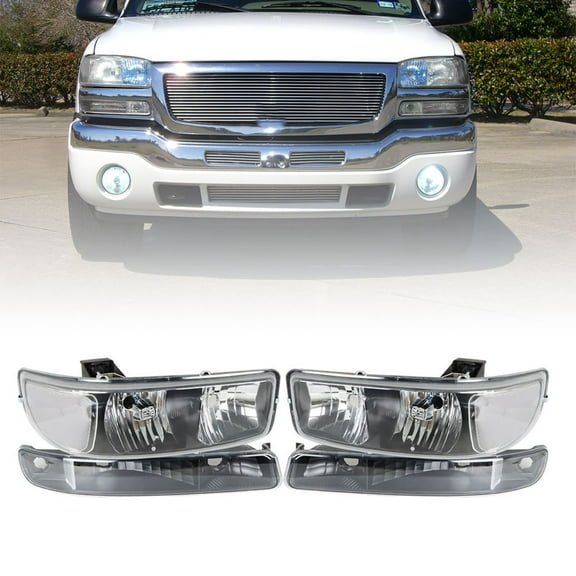 4Pcs Headlights Assembly Bumper Headlamps Black Housing White Lens Clear Cover Fit for GMC Sierra Yukon 1999-2006