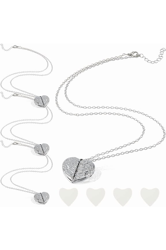 4Pcs Heart Photo Locket Necklace Silver Angel Wings Locket Necklace Memory Photo Pendant Necklace Heart Shaped Alloy Pendants Charm Necklaces Memorial Jewelry Gifts for Mom Grandma